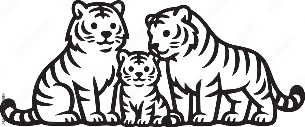 Obraz premium Tiger Family Outline Icon – Wild Feline Parent and Cub Vector Symbol