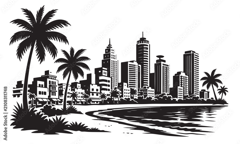 Fototapeta premium Miami Beach Skyline Silhouette Vector Urban Landscape Illustration