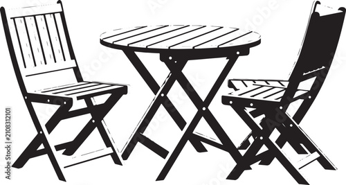 Black silhouette of a round folding table and two chairs Vector, illustration