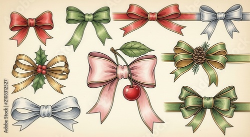 Colorful Assorted Ribbons and Bows Illustration.