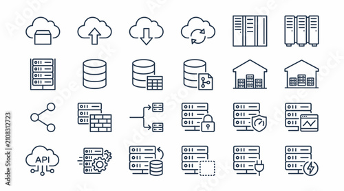 Data center icons depict server networking and cloud storage solutions through a collection of detailed linear symbols.