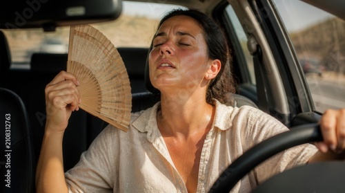 A sweaty woman fanning herself inside a hot car during a heat wave.