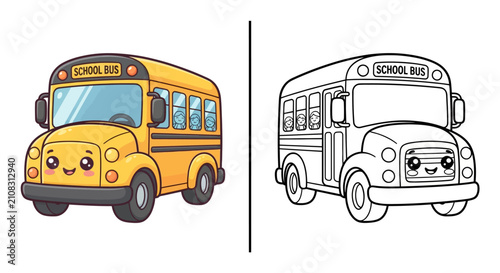 Cute kawaii school bus kids coloring worksheet vector