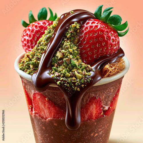 Chocolate dessert cup with strawberries and nut topping