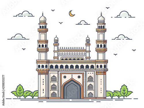 Elegant vector illustration of Charminar Hyderabad, flat design, premium travel icon style, clean white background