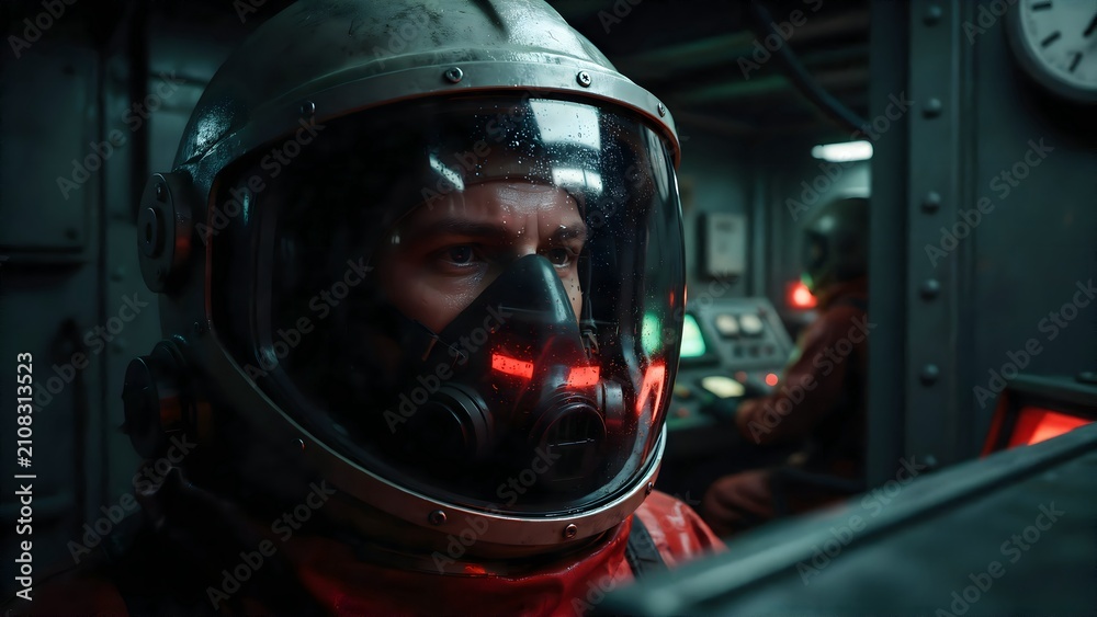 Fototapeta premium Pilot in cockpit wearing space helmet and suit inside aircraft or spacecraft control room