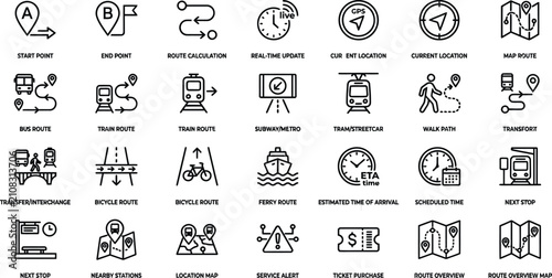 Canvas Print Vector line icon set of public transport map navigation route calculation real t