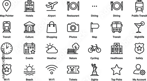 Vector line icon set of city guide travel navigation tourism map location hotels airport dining transit culture shopping nature weather healthcare sights dashboard widgets UI design templates symbols