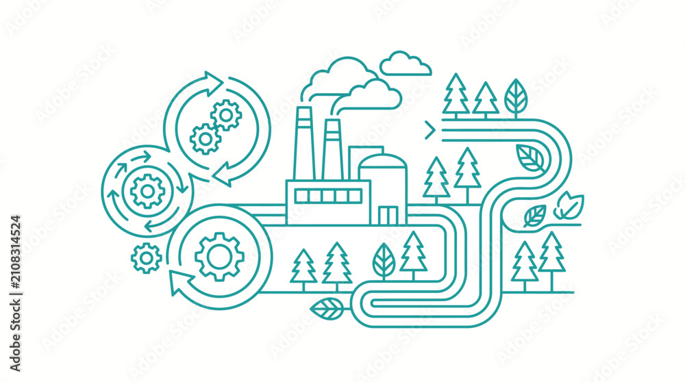 Fototapeta premium Factory icon shows industrial production processes integrated with natural environmental elements and sustainable growth cycles.