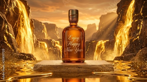 Luxury Amber Glass Bottle on Golden Futuristic Pedestal in Cinematic Canyon.5