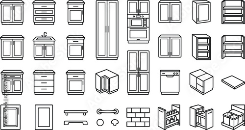 Bild auf Leinwand Kitchen Cabinet and Storage Furniture Outline Icon Set with Cupboards, Drawers,
