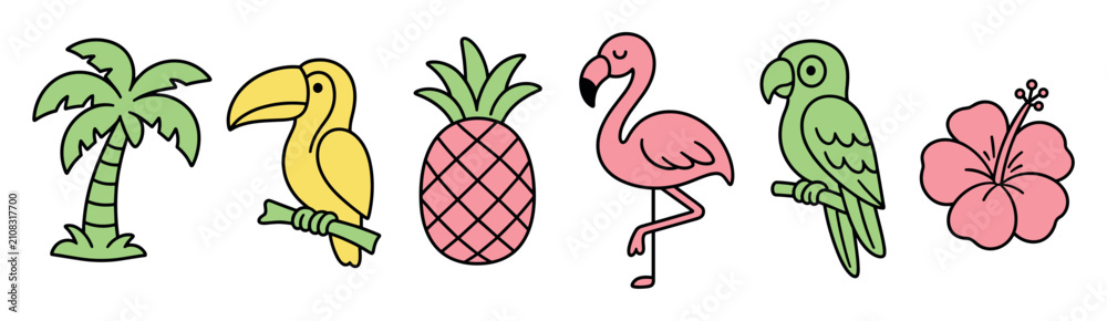 Fototapeta premium Tropical cartoon icons set featuring palm tree, toucan, pineapple, flamingo, parrot, and hibiscus flower in a cute doodle style for summer designs