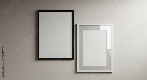Two empty picture frames hanging securely on a painted wall inside a residential room displaying your artwork perfectly for commercial presentation purposes and creative display projects