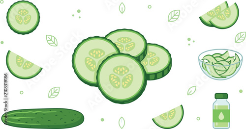 Foto Fresh green cucumber vegetable collection featuring a whole cucumber circular cross section slices crescent chunks salad bowl and juice extract bottle isolated vector illustration
