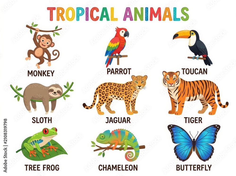 Fototapeta premium Tropical animal collection with names. Educational chart featuring exotic wildlife like monkey, parrot, toucan, sloth, jaguar, tiger, frog, chameleon, and butterfly for children learning.