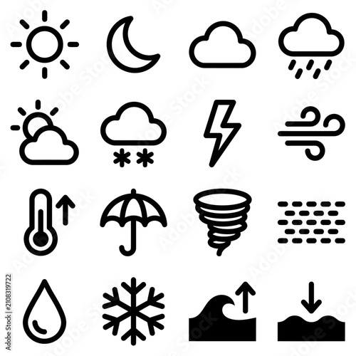 Weather Symbols Collection Including Sun Moon Cloud and Storm Icons.