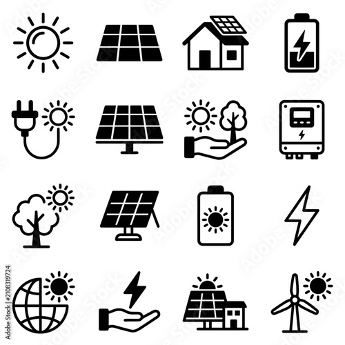 Solar Panel Installation and Renewable Energy Icons Set.