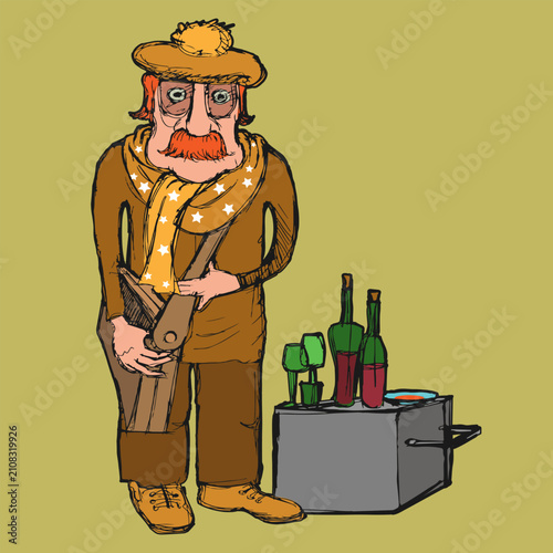An old artist with an easel and alcohol. Sketch, doodle, rough drawing. Vector illustration