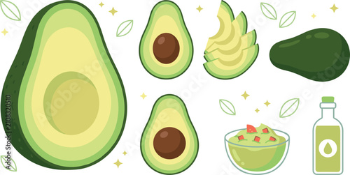 Foto Fresh avocado fruit collection featuring whole green avocado half cross sections with seed pits stacked slices guacamole dip bowl and oil bottle vector illustration