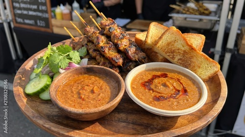 Savory Satay Skewers with Dipping Sauce on Wooden Plate