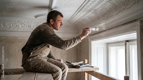 Skilled Painter Applying Plaster to Decorative Cornice