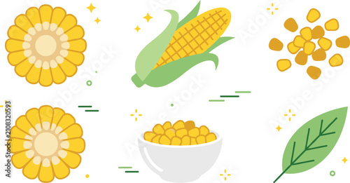 Foto Fresh sweet corn collection featuring whole cob with green husk circular cross section slices loose kernels pile bowl and leaf isolated vector illustration
