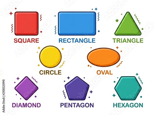 Colorful geometric shape set with label name. Educational poster for kid learning basic math and geometry. Cartoon design element for school, preschool lesson and creative project.