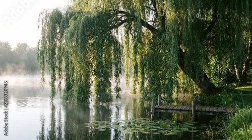 Serene Willow Tree Overlooking Tranquil Lake