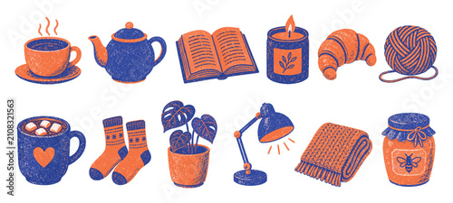 Cozy hygge lifestyle hand drawn icon set with teapot, tea cup, open book, candle, croissant, yarn, hot chocolate mug, socks, plant, lamp, blanket, and honey jar