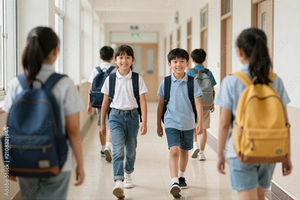 Obraz premium Group of children walking in a school hallway during the day after classes