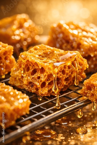 Fresh honeycomb pieces with golden honey dripping on a rack