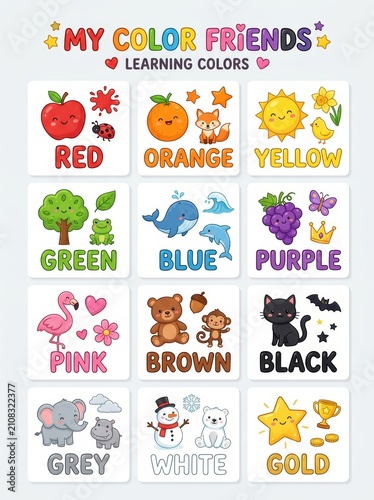 Educational color chart with cute cartoon characters for children. Learning colors with animals, fruits and objects. Infographic for preschool classroom, nursery and home school.