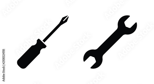 Foto Flat Black Silhouette Of A Screwdriver And Adjustable Wrench