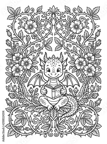 Cute baby dragon reading a book surrounded by floral vines.