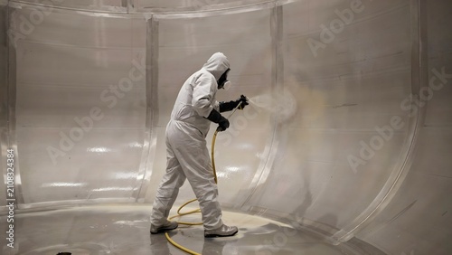 Worker in protective suit spraying coating inside large metallic industrial tank