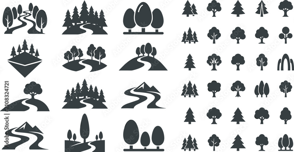 Obraz premium Solid Black Nature Landscape and Tree Icon Set featuring Mountains, Rivers, and Forests for Outdoor Logo Branding, Web UI, and Map Graphics