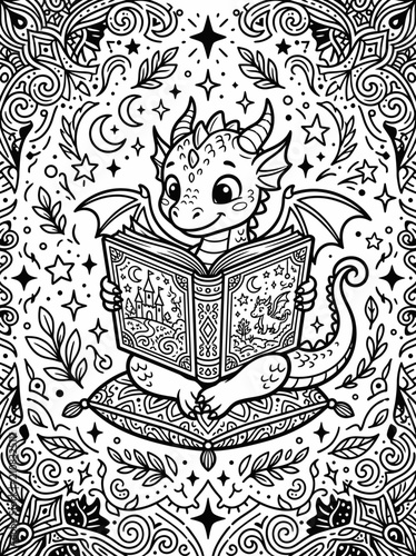Картината върху платно Cute baby dragon reading a magical storybook illustration.