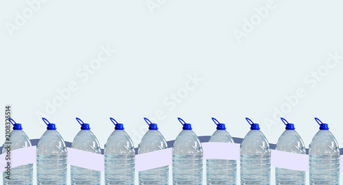 Plastic water bottles, isolated on light background, graphic ribbons added. Transparent 5l bottles, full, blue cap. Drinking water supply, fluid retention concept. Studio shot, image manipulation