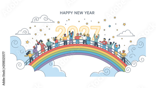 Fotografía Happy New Year 2027: A diverse group of people on a rainbow bridge celebrating the New Year 2027 under the stars and clouds