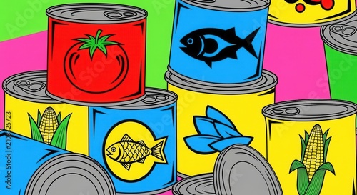 Colorful Canned Food Illustration with Fish and Vegetables.