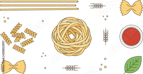 Bild auf Leinwand Italian pasta collection featuring spaghetti fettuccine nest farfalle bowties fusilli spirals wheat ears tomato sauce bowl and basil leaf isolated vector illustration