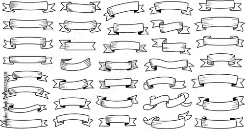 Hand Drawn Vintage Ribbon Banner Sheet Featuring Massive Vector Set of Woodcut Text Scrolls and Blank Heraldic Sashes