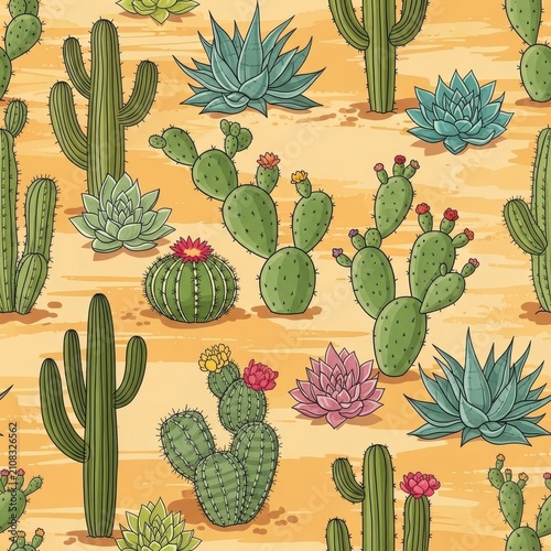 Colorful Cactus and Succulent Pattern on Wood Background.