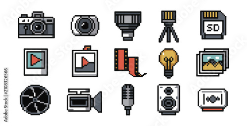 Pixel Art Icon Set for Photography, Videography, and Creative Media Production