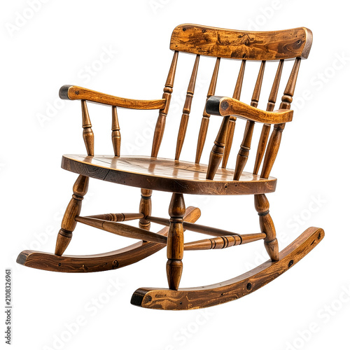 Vintage Wooden Rocking Chair with Spindle Back Isolated on Transparent Background