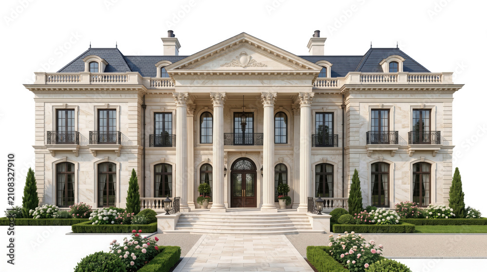 Fototapeta premium Neoclassical luxury mansion facade, grand limestone estate with corinthian columns, elegant french chateau architecture isolated on white background