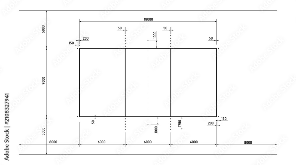 Fototapeta premium Top view of volleyball court layout wit dimensions and markings, blue print drawing of field. Overhead perspective showing game area for match, sports field, stadium background. Vector illustration