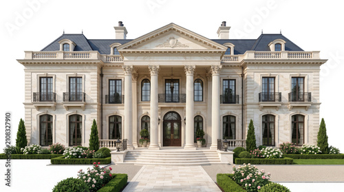 Neoclassical luxury mansion facade, grand limestone estate with corinthian columns, elegant french chateau architecture isolated on white background