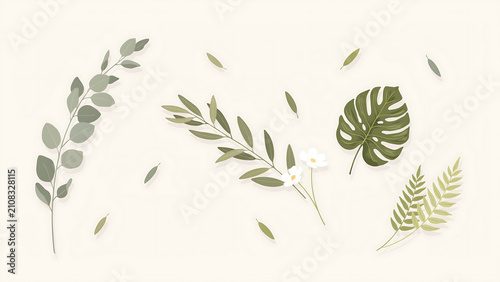 Flat botanical set with eucalyptus, monstera, and fern leaves isolated on a transparent background