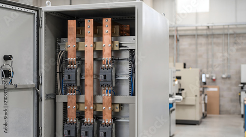 Open electrical control panel cabinet with copper busbars in industrial factory